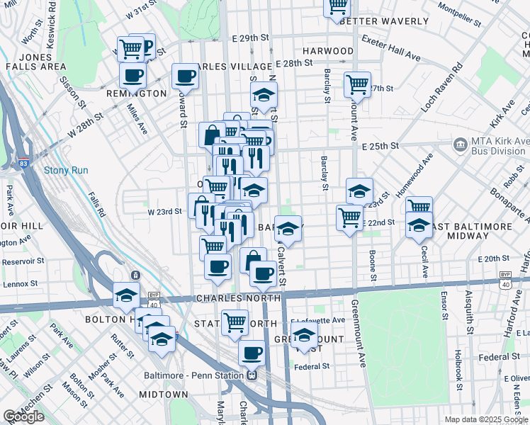map of restaurants, bars, coffee shops, grocery stores, and more near 2227 Saint Paul Street in Baltimore