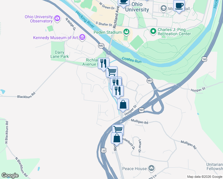map of restaurants, bars, coffee shops, grocery stores, and more near 373 Richland Avenue in Athens