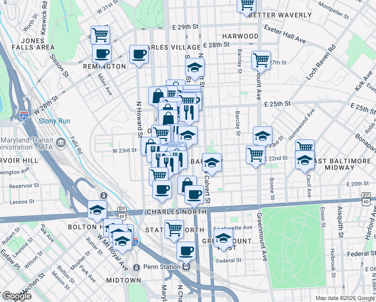 map of restaurants, bars, coffee shops, grocery stores, and more near 2220 St Paul St in Baltimore
