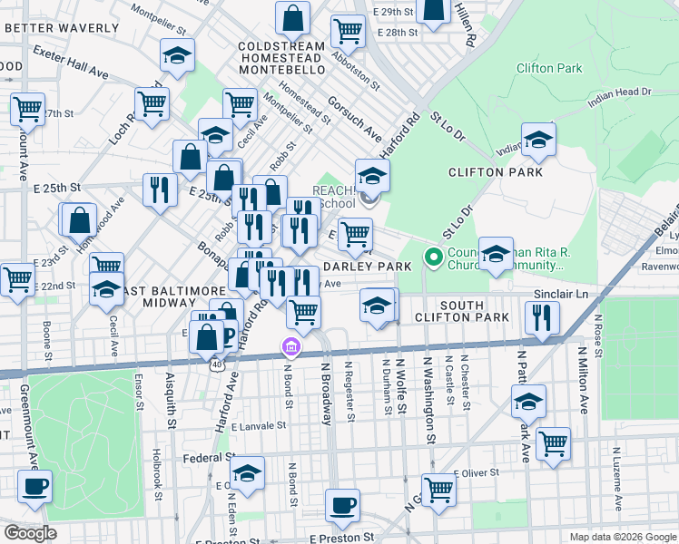 map of restaurants, bars, coffee shops, grocery stores, and more near 1655 Cliftview Avenue in Baltimore