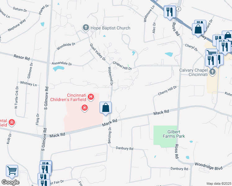 map of restaurants, bars, coffee shops, grocery stores, and more near 8 South Applewood Court in Fairfield