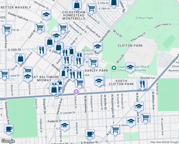 map of restaurants, bars, coffee shops, grocery stores, and more near 1659 Cliftview Avenue in Baltimore