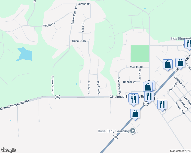 map of restaurants, bars, coffee shops, grocery stores, and more near 4201 Dry Run Drive in Hamilton