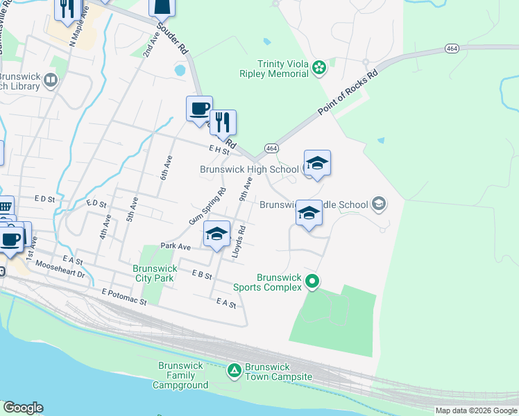 map of restaurants, bars, coffee shops, grocery stores, and more near 910 East F Street in Brunswick