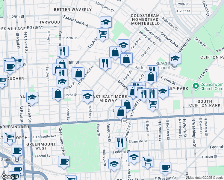 map of restaurants, bars, coffee shops, grocery stores, and more near 2201 Garrett Avenue in Baltimore