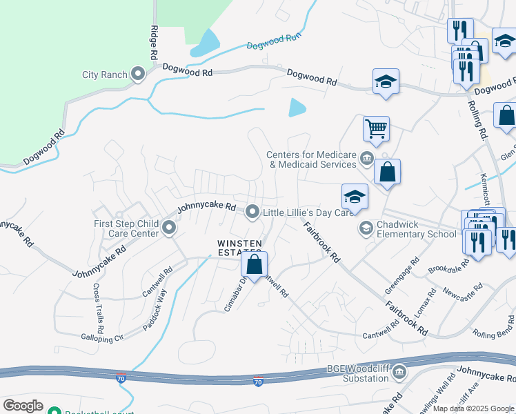 map of restaurants, bars, coffee shops, grocery stores, and more near 1831 Parham Way in Catonsville