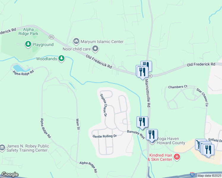 map of restaurants, bars, coffee shops, grocery stores, and more near 2555 Sophia Chase Drive in Marriottsville