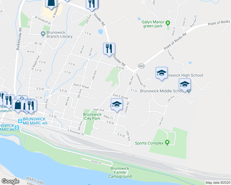 map of restaurants, bars, coffee shops, grocery stores, and more near 810 East E Street in Brunswick