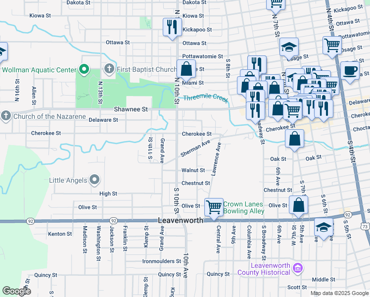 map of restaurants, bars, coffee shops, grocery stores, and more near 930 Sherman Avenue in Leavenworth