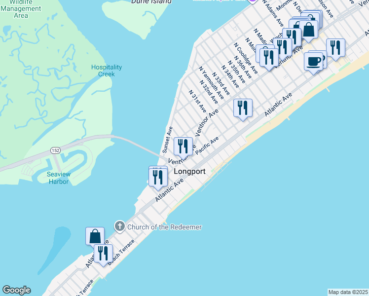 map of restaurants, bars, coffee shops, grocery stores, and more near 5 North 29th Avenue in Longport