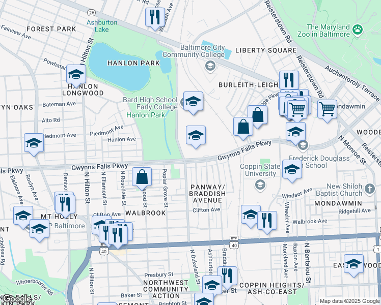 map of restaurants, bars, coffee shops, grocery stores, and more near 2700 Gwynns Falls Parkway in Baltimore
