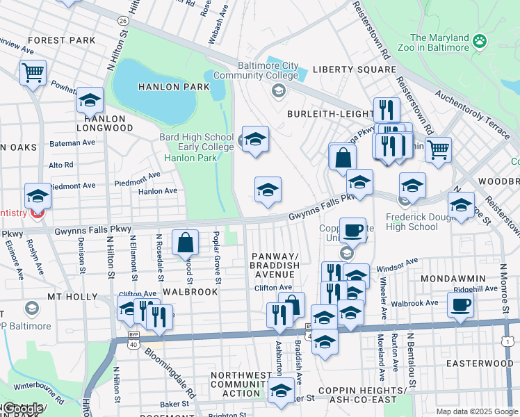 map of restaurants, bars, coffee shops, grocery stores, and more near 2700 Gwynns Falls Parkway in Baltimore