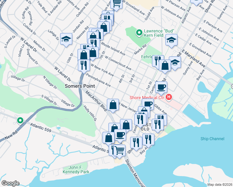 map of restaurants, bars, coffee shops, grocery stores, and more near 755 4th Street in Somers Point