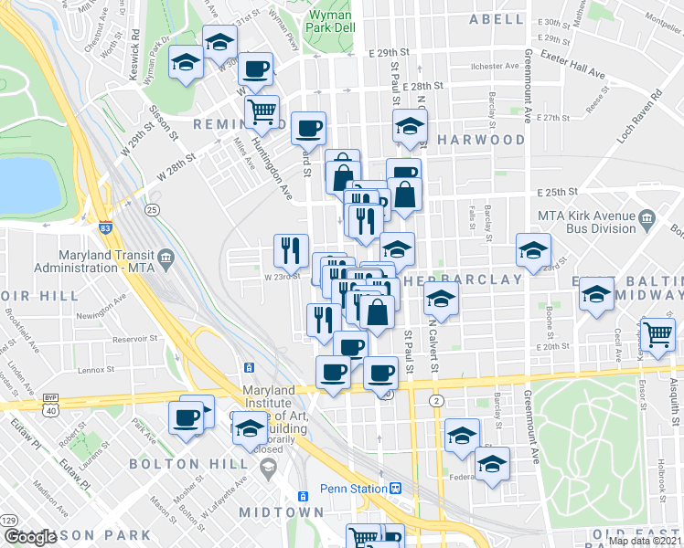 map of restaurants, bars, coffee shops, grocery stores, and more near Maryland Ave & W 23rd St in Baltimore