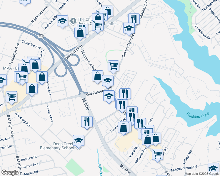 map of restaurants, bars, coffee shops, grocery stores, and more near Back River Neck Rd & Old Eastern Ave in Essex