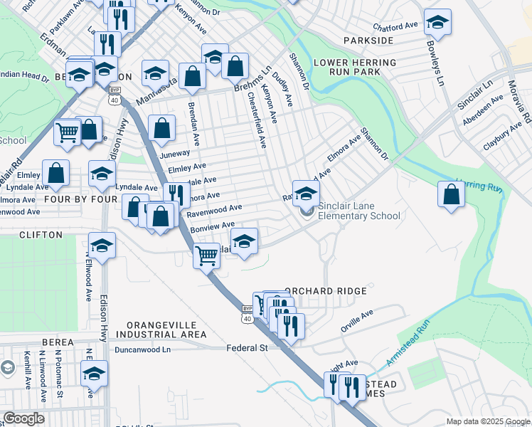 map of restaurants, bars, coffee shops, grocery stores, and more near 3814 Bonview Avenue in Baltimore