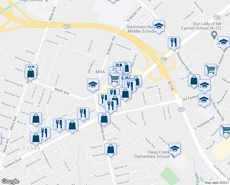 map of restaurants, bars, coffee shops, grocery stores, and more near 1110 Eastern Boulevard in Essex
