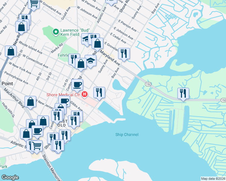 map of restaurants, bars, coffee shops, grocery stores, and more near 213 Harbour Cove in Somers Point