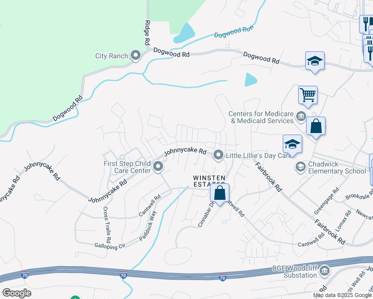 map of restaurants, bars, coffee shops, grocery stores, and more near 7707 Johnnycake Road in Woodlawn