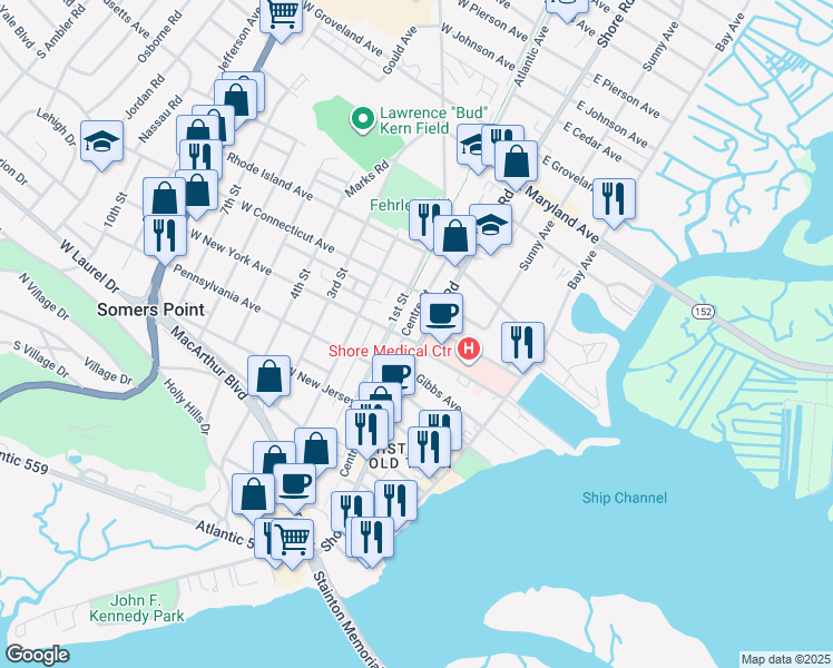 map of restaurants, bars, coffee shops, grocery stores, and more near 649 Shore Road in Somers Point