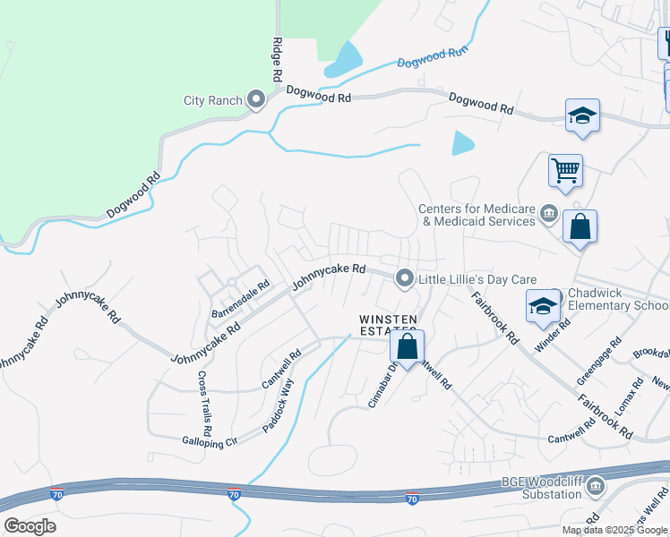 map of restaurants, bars, coffee shops, grocery stores, and more near 7682 Johnnycake Road in Woodlawn