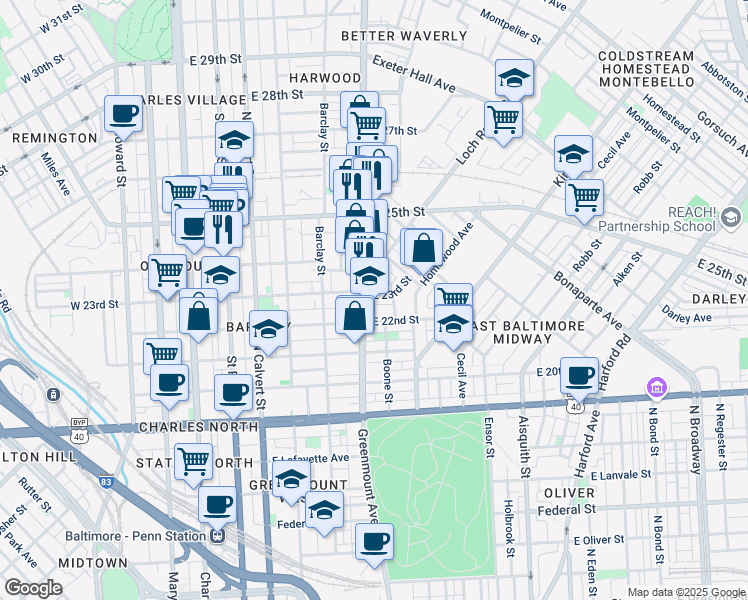 map of restaurants, bars, coffee shops, grocery stores, and more near 515 East 23rd Street in Baltimore