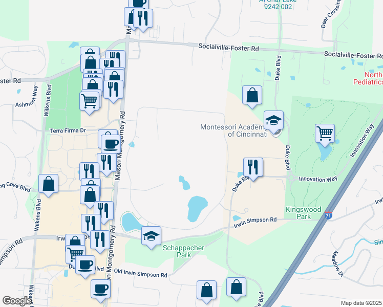 map of restaurants, bars, coffee shops, grocery stores, and more near 8700 Mason Montgomery Road in Mason