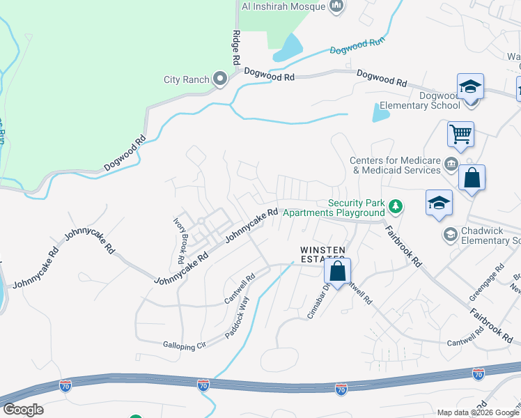 map of restaurants, bars, coffee shops, grocery stores, and more near 7720 Johnnycake Road in Woodlawn