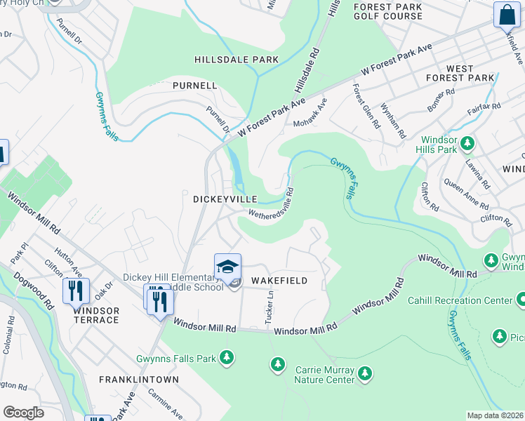 map of restaurants, bars, coffee shops, grocery stores, and more near 5004 Wetheredsville Road in Baltimore