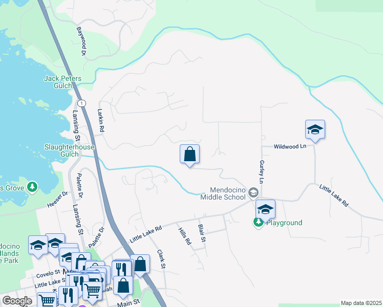 map of restaurants, bars, coffee shops, grocery stores, and more near 44551 Raven Lane in Mendocino