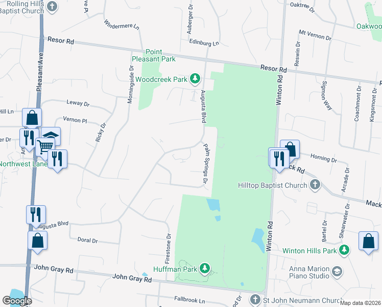 map of restaurants, bars, coffee shops, grocery stores, and more near 525 Augusta Boulevard in Fairfield