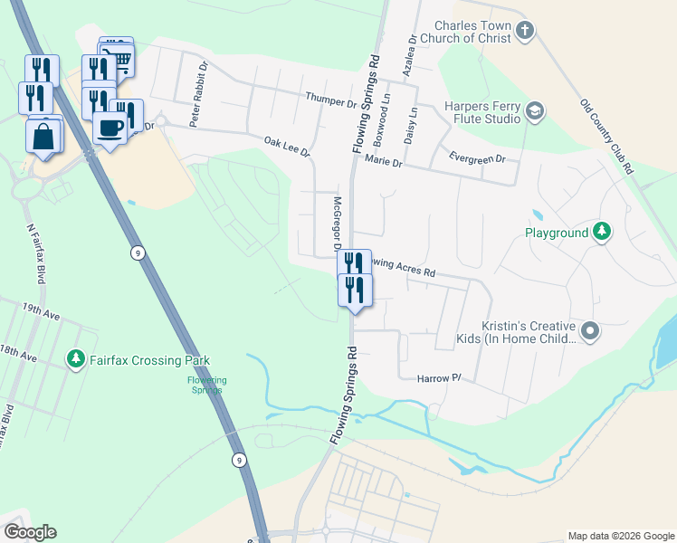 map of restaurants, bars, coffee shops, grocery stores, and more near 19 Hare Court in Ranson