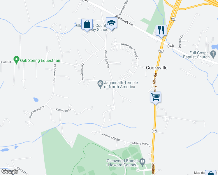 map of restaurants, bars, coffee shops, grocery stores, and more near 2024 Millers Mill Road in Cooksville