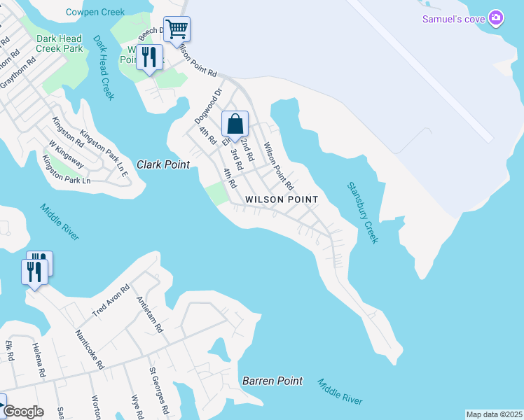 map of restaurants, bars, coffee shops, grocery stores, and more near 1436 Shore Road in Middle River