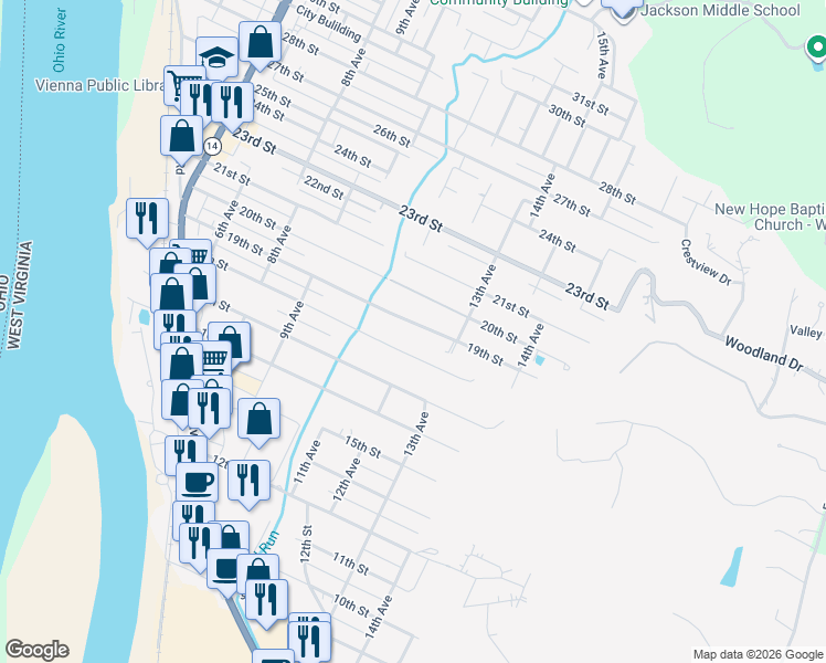 map of restaurants, bars, coffee shops, grocery stores, and more near 1208 19th St in Vienna