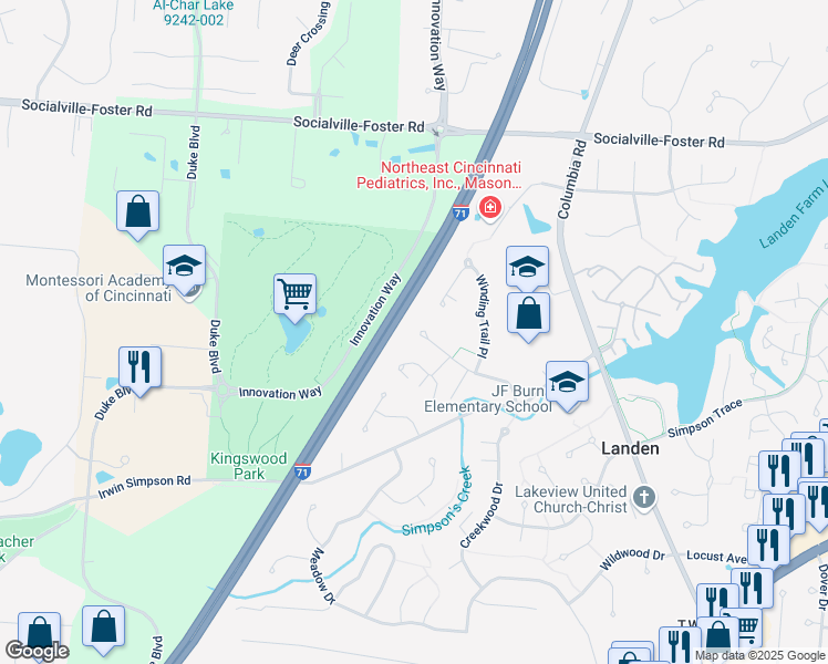 map of restaurants, bars, coffee shops, grocery stores, and more near 3893 Wood Trail Drive in Mason