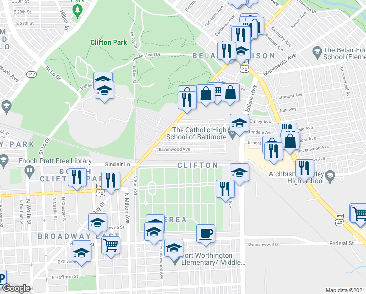 map of restaurants, bars, coffee shops, grocery stores, and more near 3208 Ravenwood Avenue in Baltimore