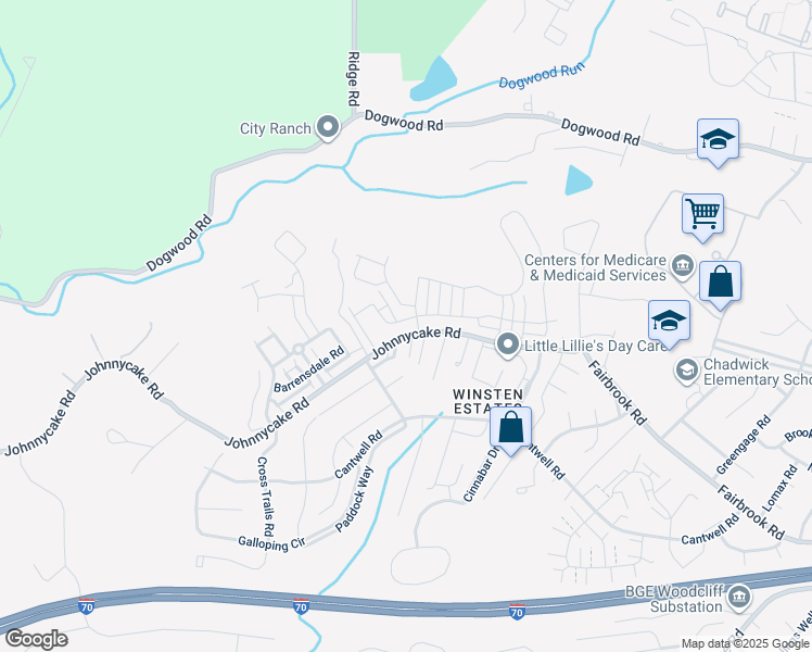 map of restaurants, bars, coffee shops, grocery stores, and more near 7706 Johnnycake Road in Woodlawn