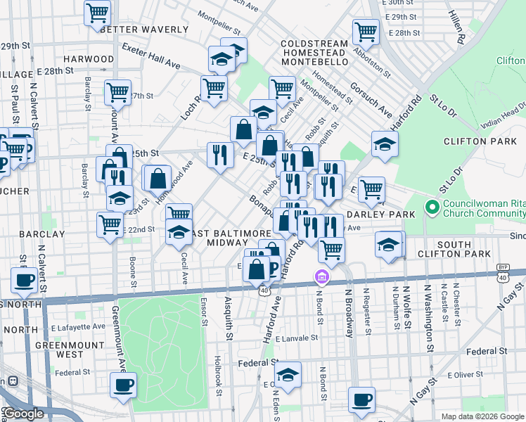 map of restaurants, bars, coffee shops, grocery stores, and more near 1117 Bonaparte Avenue in Baltimore