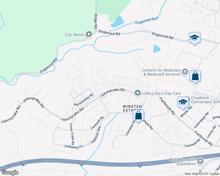 map of restaurants, bars, coffee shops, grocery stores, and more near 7706 Johnnycake Road in Woodlawn