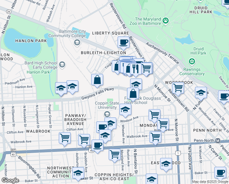 map of restaurants, bars, coffee shops, grocery stores, and more near 2501 Gwynns Falls Parkway in Baltimore