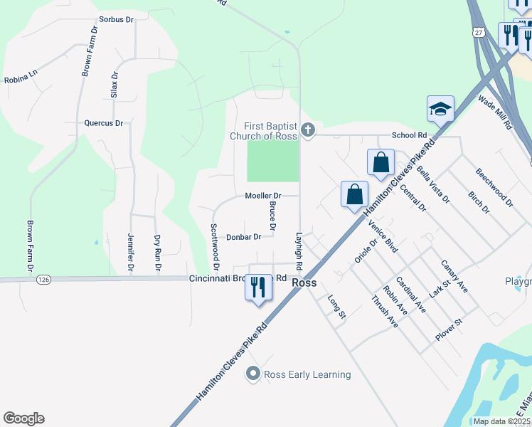 map of restaurants, bars, coffee shops, grocery stores, and more near 4169 Bruce Drive in Fairfield