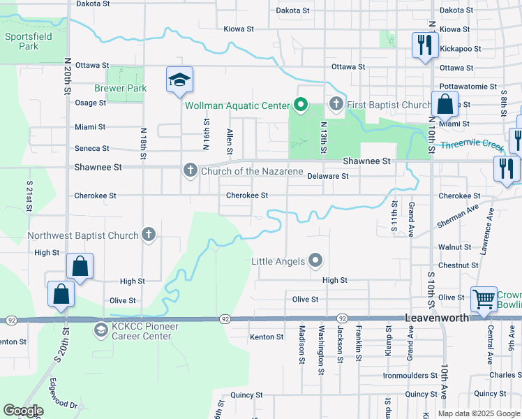 map of restaurants, bars, coffee shops, grocery stores, and more near 1501 Choctaw Street in Leavenworth