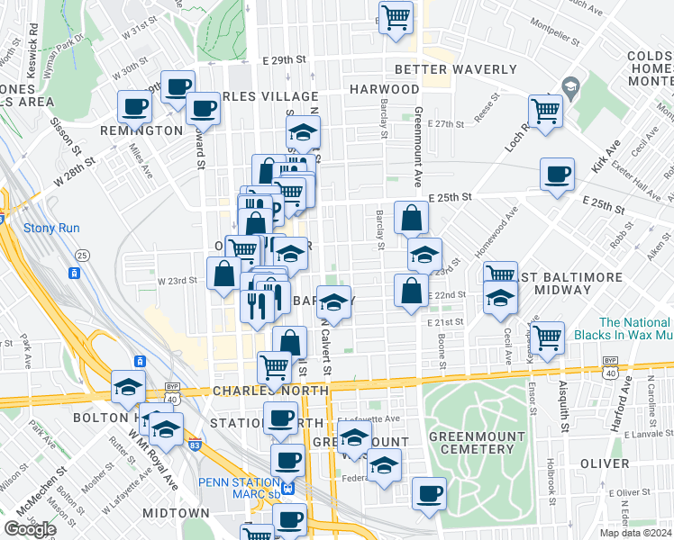 map of restaurants, bars, coffee shops, grocery stores, and more near 2309 North Hunter Street in Baltimore