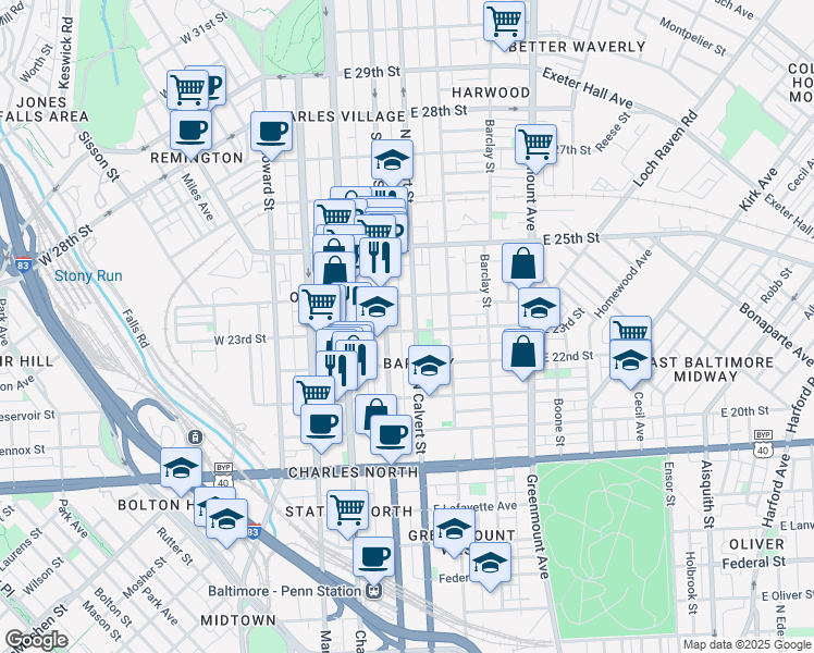 map of restaurants, bars, coffee shops, grocery stores, and more near 2300 North Calvert Street in Baltimore