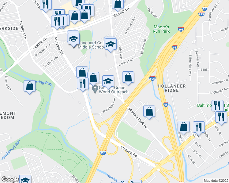 map of restaurants, bars, coffee shops, grocery stores, and more near 6056 Moravia Park Drive in Baltimore