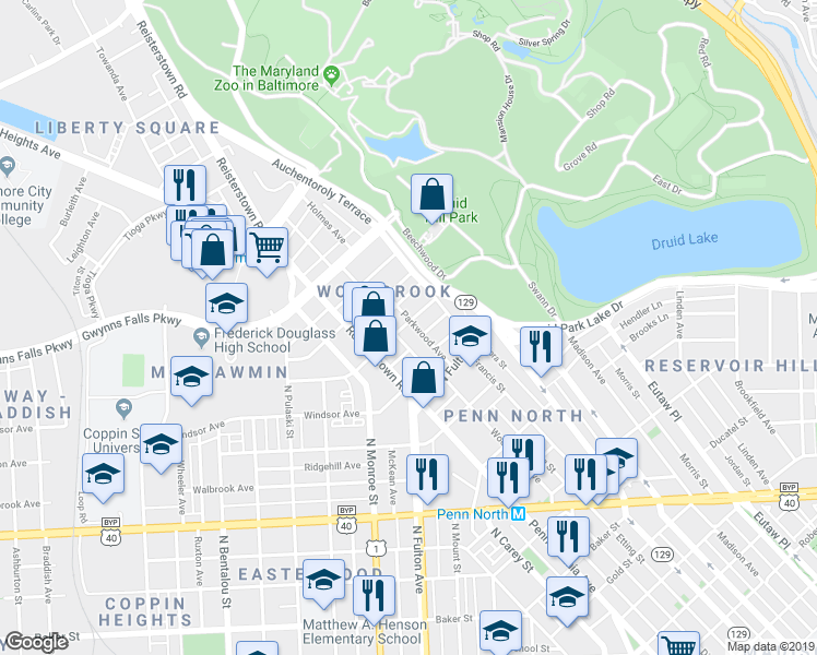 map of restaurants, bars, coffee shops, grocery stores, and more near 2846 Parkwood Avenue in Baltimore