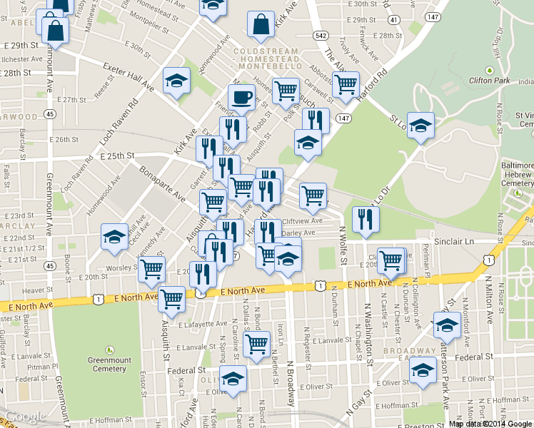 map of restaurants, bars, coffee shops, grocery stores, and more near 2219 Harford Rd in Baltimore