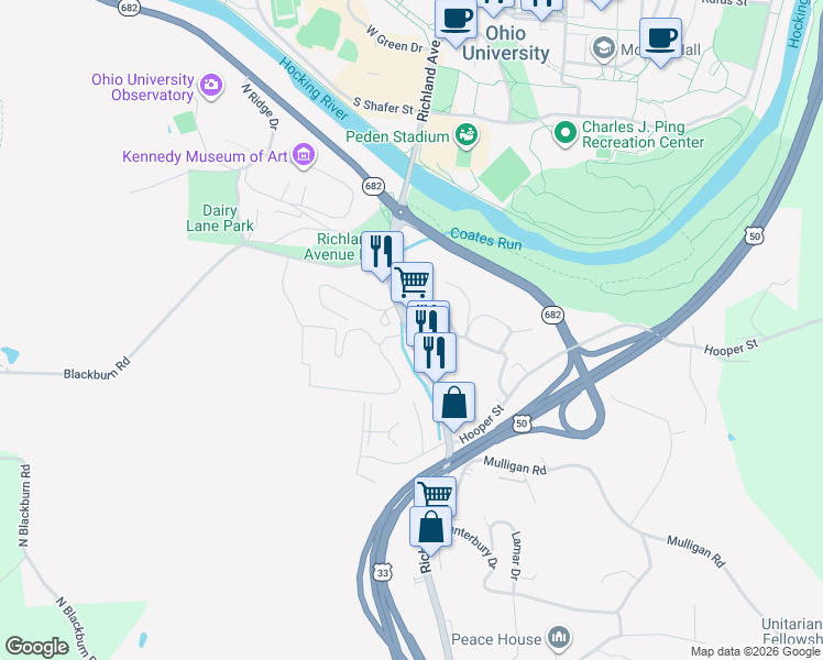 map of restaurants, bars, coffee shops, grocery stores, and more near 373 Richland Avenue in Athens