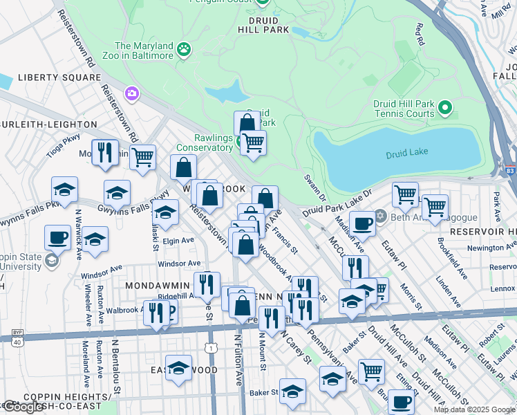 map of restaurants, bars, coffee shops, grocery stores, and more near 2806 Auchentoroly Terrace in Baltimore